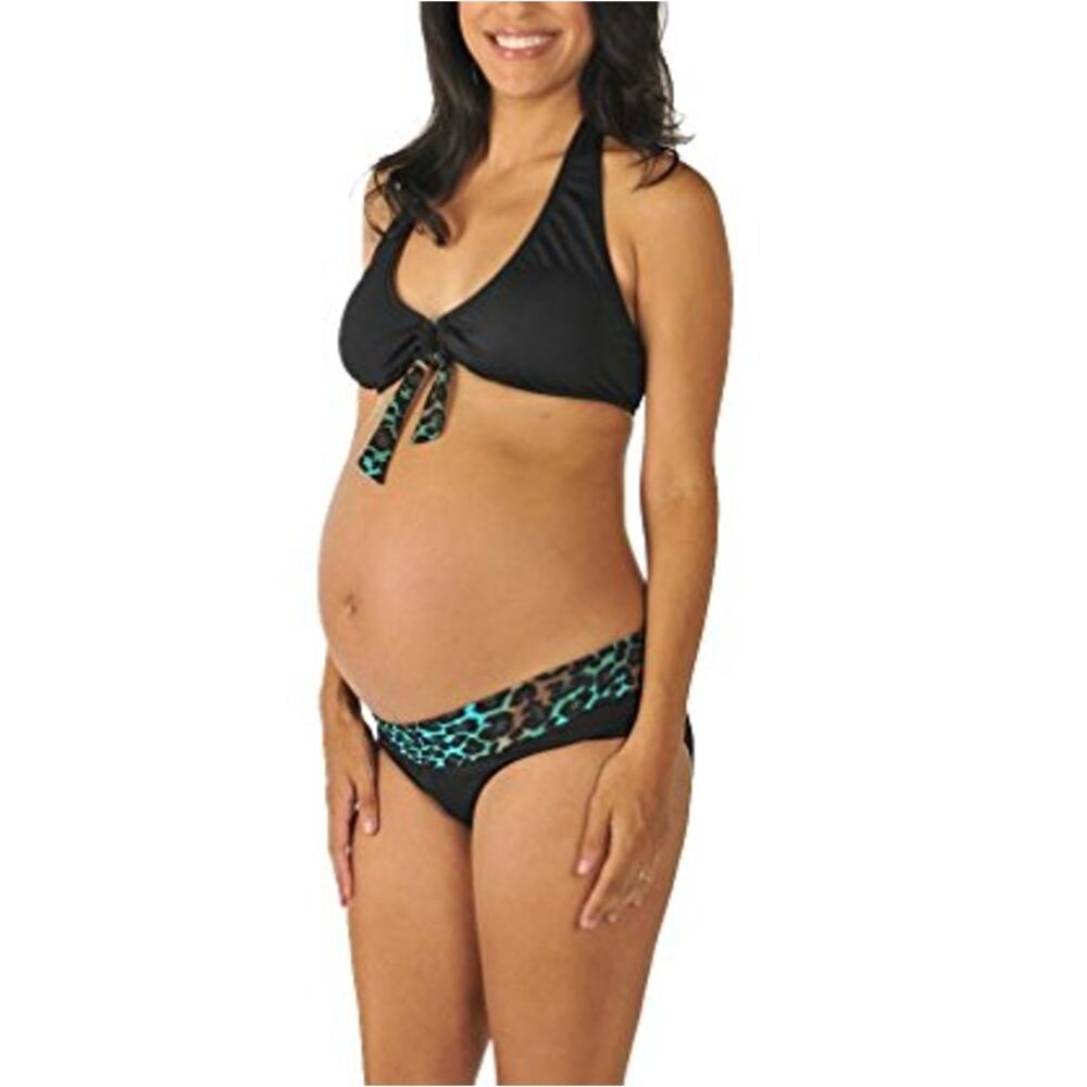 Prego Women's Black Animal Print Roll Waist Maternity Bikini Size M